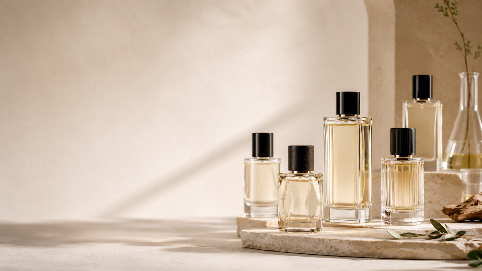 Collection of perfume bottles in a warm, minimal fragrance studio setting