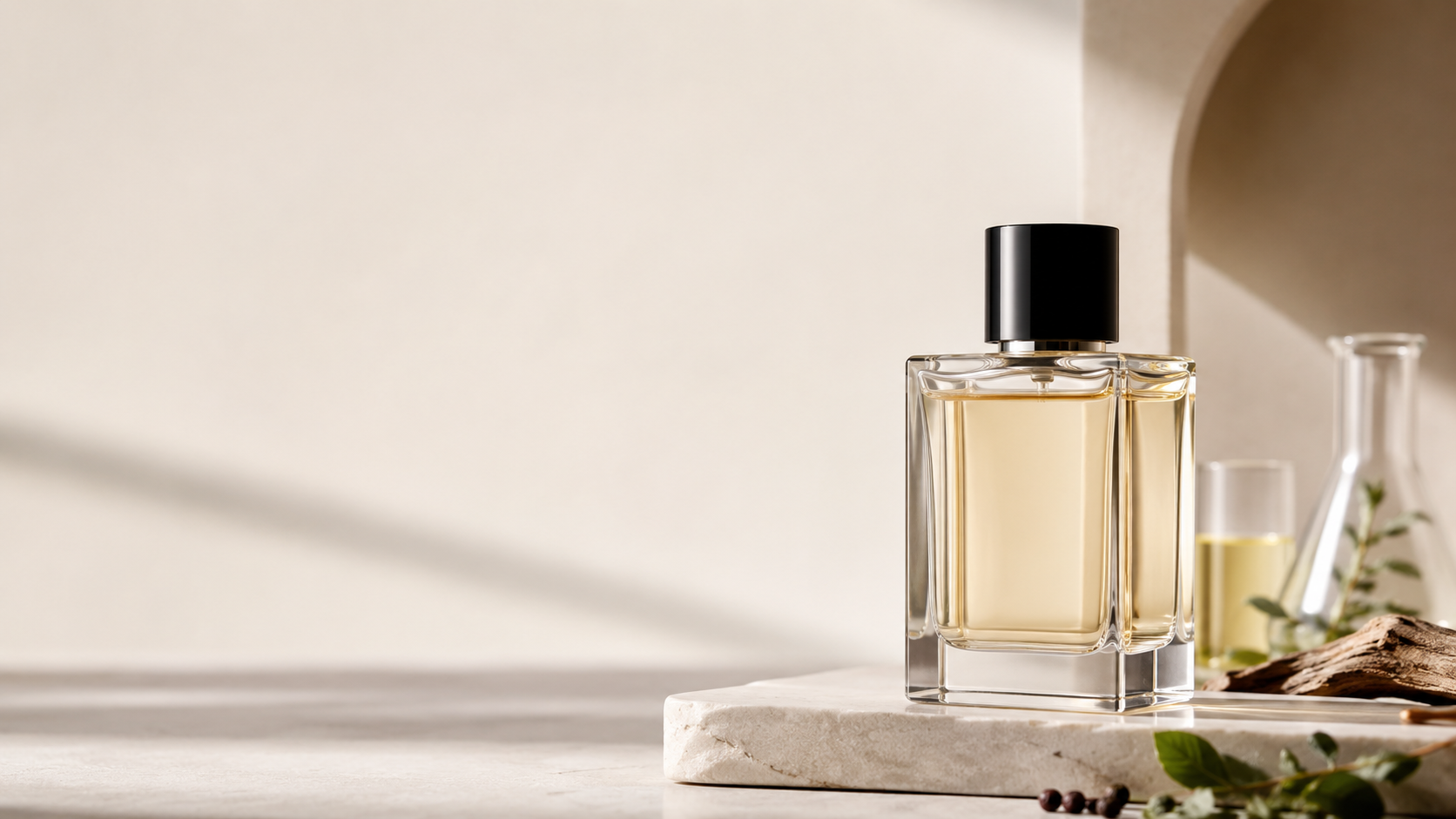 Perfume bottle in a warm, minimal fragrance studio setting
